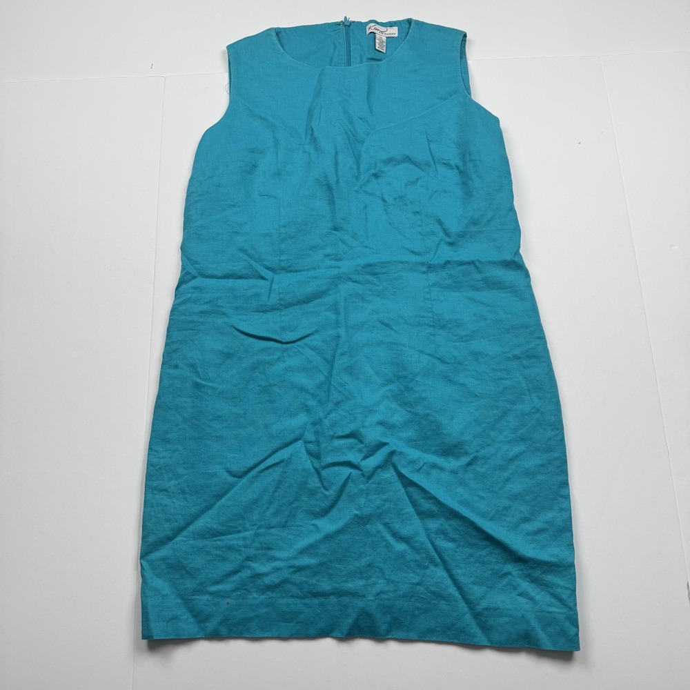 Kim Rogers Dress Womens 10 Blue Sheath Sleeveless Linen Lined Back Zip Classic